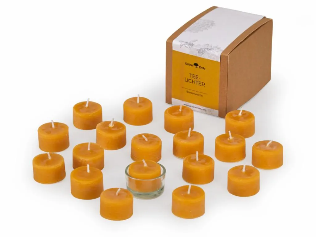 Grüne Erde Geschenke-Guide^18 Teelichter aus Bienenwachs, ohne Duft, 1 Glaseinsatz
