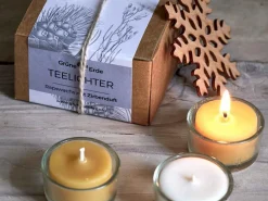 Grüne Erde Geschenke-Guide^18 Teelichter aus Bienenwachs, ohne Duft, 1 Glaseinsatz
