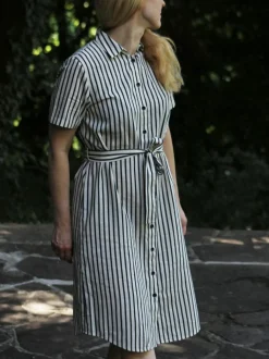 Grüne Erde Kleider & Overalls^Kleid aus Bio-Baumwolle und Leinen, 80 navy/offwhite streif, 38, GOTS