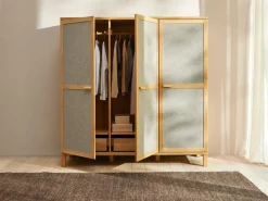 Grüne Erde Kleiderschränke^Kleiderschrank Kurami mit Drehtüren 3-türig, Wollstoff Tano Natur (79),