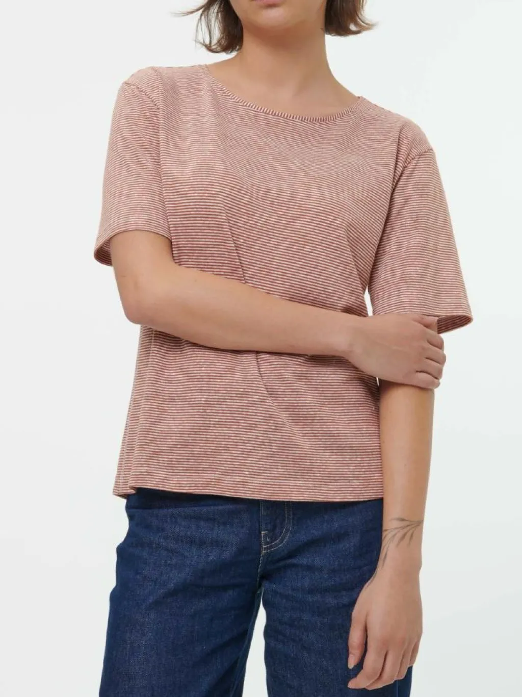 Grüne Erde Shirts^Kurzarmshirt aus Bio Leinen/Baumwolle, 76 weiss/kastanie ringel, 36, GOTS