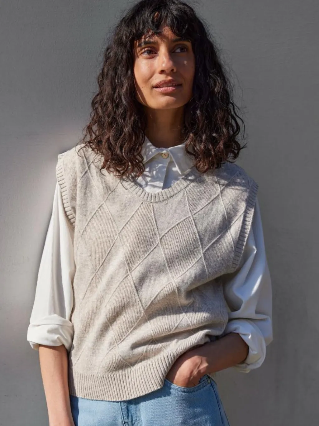 Grüne Erde Pullover^Pullunder aus Bio-Baumwolle und Wolle, 44 sand melange, S, GOTS