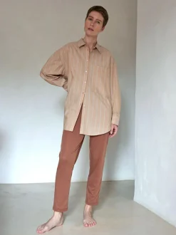 Grüne Erde Nachtwäsche^Pyjamahemd, 100 % Bio Baumwolle, 89 camel/blau gestreift, M, GOTS